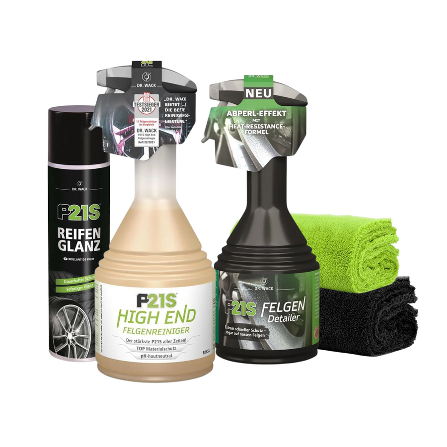 Dr Wack P21S Felgenpflege Set mit Felgenreiniger Detailer Reifen-Glanz und Mikrofasertüchern
