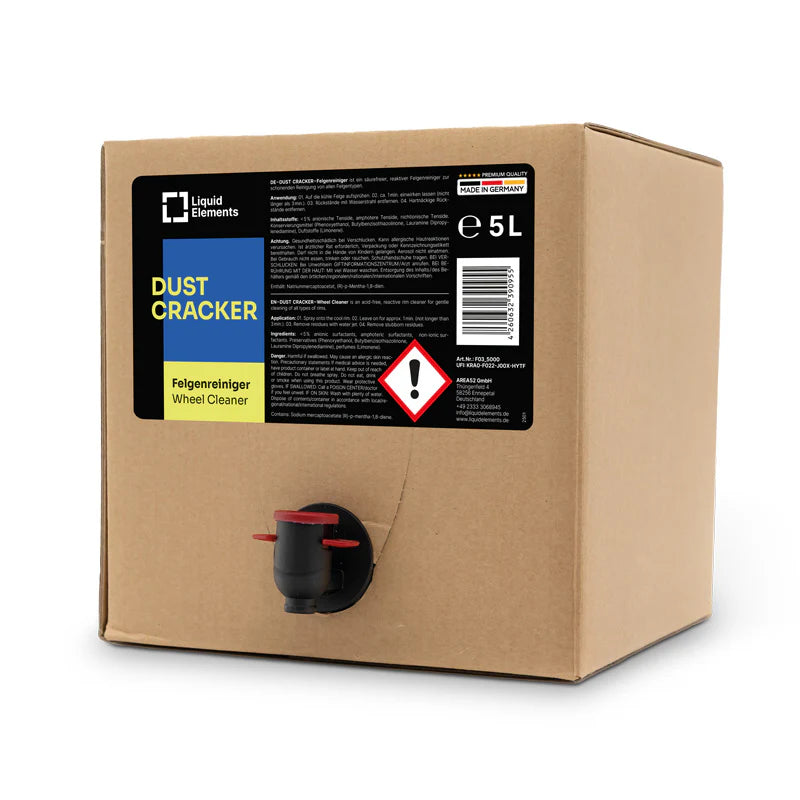 Felgenreiniger Dust Cracker 1L 5L Bremsstaub entfernen
Liquid Elements Dust Cracker Anwendung Felgenreinigung
Felgenreiniger Detail Farbindikator Reaktion
Auto Felgen Reinigung Ergebnis sauber glänzend