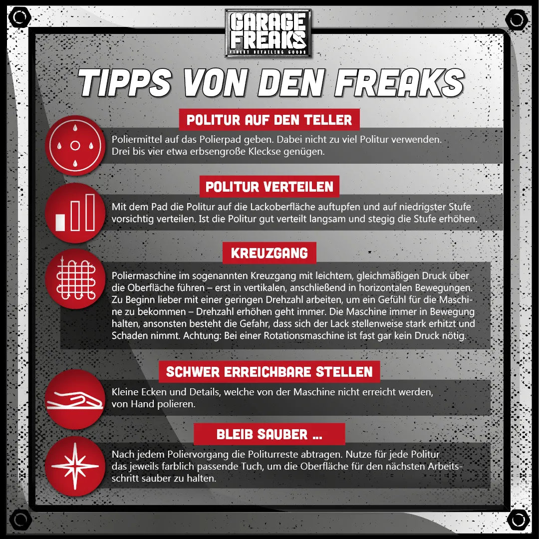Polier Set Auto Komplett T2000 Anwendung Lackaufbereitung
Exzenter Poliermaschine Set Auto Polieren Ergebnis glänzend
Auto Polierset Pads Polituren Anwendung Detail Ergebnis
Lackaufbereitung Auto Kratzer entfernen Hochglanz Ergebnis