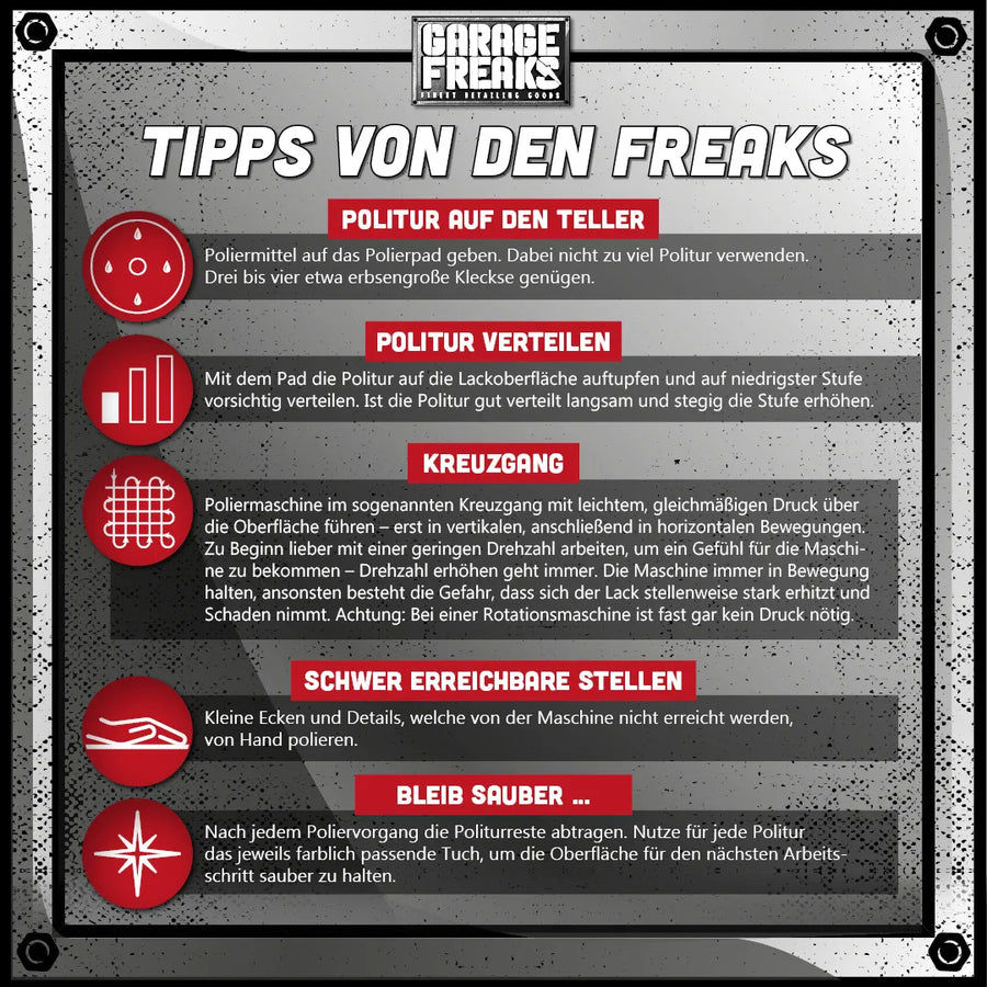 Polier Set Auto Komplett T2000 Anwendung Lackaufbereitung
Exzenter Poliermaschine Set Auto Polieren Ergebnis glänzend
Auto Polierset Pads Polituren Anwendung Detail Ergebnis
Lackaufbereitung Auto Kratzer entfernen Hochglanz Ergebnis