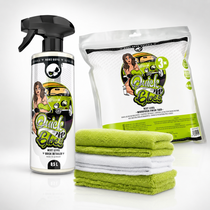 Nuke Guys Quick Detailer Set – QuicknGloss 500ml + Mikrofasertuch 3er Set 500 GSM randlos