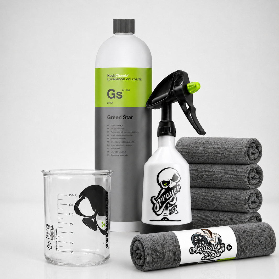 Koch Chemie Green Star APC Set – Universalreiniger 1L mit Sprühflasche, Messbecher & Mikrofasertücher
